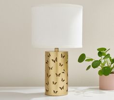 a table with a lamp, potted plant and a white wall in the background