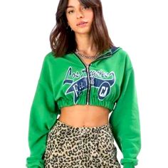 Never Worn Brand: Adkia Size: Xs Trendy Hooded College Sweater, Trendy Hooded Sweater For College, Urban Style Green Winter Tops, Green Hooded Top For College, Trendy Green Hoodie Sweater, Trendy Green Hoodie Top, Green Varsity Hoodie For Fall, Varsity Green Hoodie For Fall, Trendy Green Hoodie