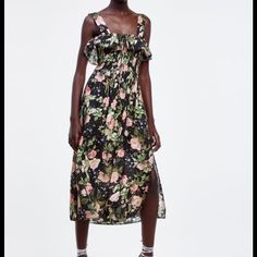 Zara Floral Ruffle Midi Dress. New With Tags In Size Small. Super Comfortable And Lightweight Fabric With Gold Thread Detail. Black Maxi Dress With Ruffles For Garden Party, Black Ruffled Maxi Dress For Garden Party, Elegant Black Floral Dress For Vacation, Zara Ruffled Maxi Dress For Casual Occasions, Zara Ruffled Maxi Dress, Summer Black Floral Dress For Casual Occasions, Chic Black Floral Summer Dress, Chic Black Floral Dress For Summer, Black Floral Dress For Casual Summer