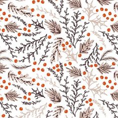 an orange and white floral pattern with red berries on the stems, leaves and branches