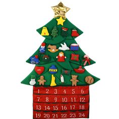 a christmas tree shaped calendar hanging from the side of a wooden wall mounted ornament