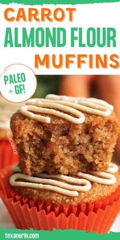 carrot almond flour muffins with white frosting on top and text overlay