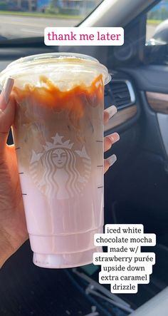 a hand holding a cup with liquid in it and the words thank me later above it