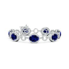 Lab-Grown Oval Blue Sapphire Halo Open Circle Link Bracelet Blue Sapphire Bracelet, Sapphire Bracelet, Blue Bracelet, Link Bracelets, Blue Sapphire, Halo, 18k Gold, Sapphire, White Gold