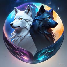 two white and black wolfs in front of a full moon with blue swirls