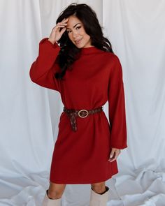 Left on RED? They’ll rethink after seeing you in these sweater dresses! 😍🌶️ Shop these fiery dresses at the link in bio ❤️ Sophisticated Look, Deep Red Color, Mock Neckline, Family Photoshoot, Cup Size, Sweater And Shorts, Knitting Materials, Dress Red, Short Dress