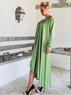 NEW Evening Maxi Dress / Pear Green Plus Size Dress / Evening Dress / Maxi Dress / Party Dress / Plus Size Dress / Open Back Dress / Summer Dress / Long Sleeve Dress / #35266 NEW 2018.... A must have maxi dress...! With long sleeves and open back cut out ! Ideal for all body-types, you can have a very elegant appearance ! - Handmade item - Materials : crystal jersey - The model wears : size - one size , color - Pear Green PLEASE NOTE : The dress is ONE SIZE but you have to choose a size from XS Green Maxi Length Long Sleeve Party Dress, Green Long Sleeve Maxi Dress For Party, Long Green Midi Dress For Evening, Green Long Sleeve Asymmetrical Party Dress, Flowy Long Sleeve Summer Party Dress, Green Long Sleeve Asymmetrical Dress For Spring, Green Plus Size Dress, Green Plus Size Dresses, Party Dress Plus Size