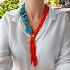 Turquoise and orange crystal layered necklace with long fringe pendant. Chunky statement beaded necklace for women. Large light blue and orange handmade necklace. Bohemian bright necklace in gold color are suitable for an casual look, evening look and for a holiday. These necklace will be a good Christmas, anniversary, wedding or birthday gift for women, mom, wife, girlfriend, sister or daughter. Women's necklace with stone. It emphasizes the beauty of your neck and adds charm to your look. FAST Bright Necklace, Modern Necklace, Birthday Gift For Women, Long Fringe, Long Fringes, Beaded Wedding, Fringe Necklace, Beaded Statement Necklace, Jewelry Birthday