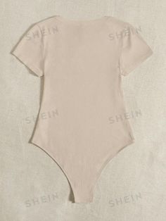 SHEIN EZwear Solid Ribbed Knit Bodysuit | SHEIN USA White High Stretch Casual Bodysuit, Casual White High-stretch Bodysuit, High Stretch Casual Summer Bodysuit, Trendy Cotton Crew Neck Bodysuit, Casual Beige Cotton Bodysuit, High Stretch Beige Summer Tops, Casual Cotton Short Sleeve Crew Neck Bodysuit, Solid Short Sleeve Bodysuit For Spring Loungewear, High Stretch Cotton Casual Bodysuit