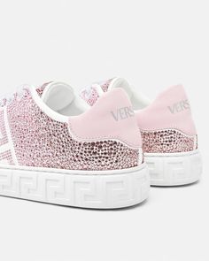 Crystal Degradé Greca Sneakers Pink,White | VERSACE US Pink Sparkly Shoes, Versace Heels, Versace Shorts, Versace Sneakers, Sparkly Shoes, Versace Logo, Sneakers Pink, Pink Sparkly, Versace Accessories