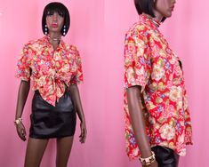 "Red short sleeved button up shirt with fun tropical floral print and chest pocket. Can be worn tied and cropped or untied for a more casual look. The perfect top for summer. Authentic vintage item from the 1990's era. Flat Measurements: BUST- 22\" SLEEVES- 8.5\" LENGTH- 27\" Fits size: MEDIUM Brand: Liz Wear Excellent condition. Shop our entire shirt collection below: https://www.etsy.com/shop/vintagealleyshop/?section_id=16181985" Red Hawaiian Shirt, Floral Button Up Shirt, Tropical Shirt, Gorgeous Blouses, Tropical Shirts, Floral Button Up, Tropical Floral Print, 90s Retro, Cute Flower