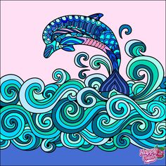 a drawing of a dolphin jumping out of the water with waves and swirls around it