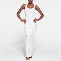 This Scoop Neck Maxi Silhouette Has A Flattering, Drapey Fit That Hugs Your Curves, A Sexy Low Back, And Romantic Lace Trims Along The Neckline And Armholes. Fits True To Size. Brand New With Tags Neon Orchid Rose Print White Scoop Neck Beach Dress, White Scoop Neck Dress For The Beach, White Sleeveless Maxi Dress For Loungewear, White Fitted Maxi Dress For Loungewear, White Fitted Loungewear Dress, Long Slip Dress, Ribbed Maxi Dress, Cami Maxi Dress, Mesh Bodycon Dress