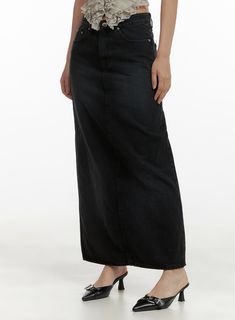 solid-denim-maxi-skirt-cu405 / Black Casual Black Full-length Skirt, Casual Full-length Black Skirt, Casual Black Cotton Denim Skirt, Casual Washed Black Denim Skirt, Casual Fitted Washed Black Denim Skirt, Black Cotton Denim Skirt For Summer, Fitted Black Cotton Denim Skirt, Black Fitted Cotton Denim Skirt, Fitted Black Denim Skirt