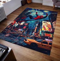 a rug with a spiderman on it in the middle of a room