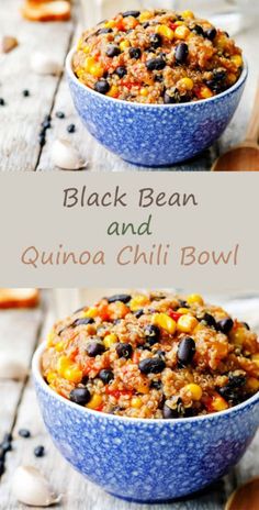 two bowls filled with black bean and quinoa chili bowl