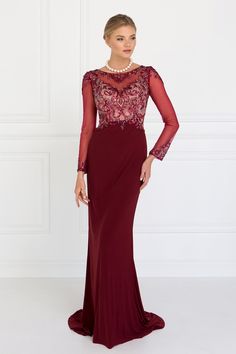 Long Evening Gown Mother of the Bride Dress - The Dress Outlet Elizabeth K Burgundy Gown, Navy Gown, Military Ball Dresses, Long Evening Gowns, Illusion Dress, Gown Prom, Full Length Dress, Bateau Neckline, Burgundy Dress