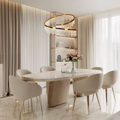 an elegant dining room with marble table and chairs