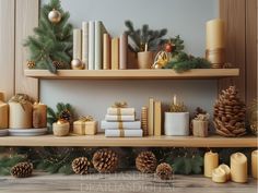 a shelf filled with lots of christmas presents and candles next to pine cones on top of them