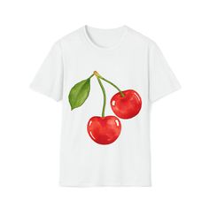 Cherry t-shirt, cherry shirt, cherries shirt, cherries t-shirt, trendy shirt, y2k shirt, christmas gift ideas, christmas gifts, trendy shirt SHIRT DETAILS: The unisex soft-style t-shirt puts a new spin on casual comfort. Made from very soft materials, this tee is 100% cotton for solid colors. Heather colors and sports grey include polyester. The shoulders have twill tape for improved durability. There are no side seams. The collar is made with ribbed knitting to prevent curling damage.  .: Made Y2k Style Short Sleeve T-shirt With Fruit Print, Trendy Crew Neck T-shirt With Cherry Print, Trendy Custom Print T-shirt Gift, Summer Y2k T-shirt With Fruit Print, Red T-shirt For Summer Gift, Y2k Style Cherry Print Summer T-shirt, Y2k Style Cherry Print T-shirt For Summer, Y2k Cherry Print Summer T-shirt, Casual Cherry Summer Tops