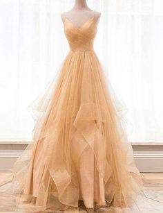 Custom Made Gold V Neck Tulle Long Prom Dress Champagne Formal Dresses, Adult Dress, Tulle Long Prom Dress, Champagne Evening Dress, Purple Evening Dress, Gold Evening Dresses, Tulle Party Dress, A Line Evening Dress, Tulle Evening Dress