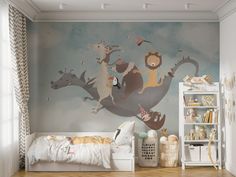 a child's bedroom with an animal mural on the wall