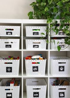 white storage bins with black and white labels on them are stacked next to a potted plant