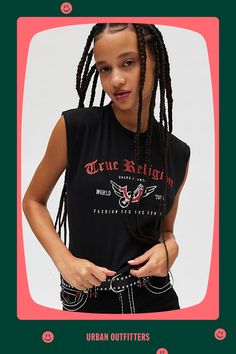 True Religion top in a boxy & cropped silhouette made special with and open back cut-out with twisted detailing. Features a crew neckline, cap sleeves and faded True Religion graphics across the front for a vintage vibe. Features True Religion twist back short sleeve top Vintage graphic tee Soft & stretchy knit Crew neckline with short cap sleeves Vintage-wash True Religion graphics across the front Open back cut-out with twist details at neckline & hem Boxy fit Cropped length Easy pull-over style Content + Care 97% Cotton, 3% spandex Machine wash Imported Size + Fit Model in Black is 5’8" and wearing size Small Measurements taken from size Small Chest: 34" Length: 18" | True Religion Twist Back Short Sleeve Top in Black, Women's at Urban Outfitters Trendy Crew Neck Muscle Tee For Streetwear, Trendy Streetwear Muscle Tee With Crew Neck, Trendy Muscle Tee With Crew Neck For Streetwear, Black Trendy Muscle Tee For Streetwear, Trendy Black Muscle Tee For Streetwear, Edgy Crew Neck Tank Top, Top Vintage, Vintage Vibe, Vintage Graphic