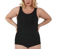 InstantFigure Curvy Tank and Brief Bodysuit is seamless under any outfit. It does not rid up or wrinkle under tight or loose clothing. It provides compression and coverage from chest to hips, firming your hips, giving you a nice curvy shape. The compression material covers love handles and smooths out bumps. The material is a blend of nylon and spandex that comfortably hugs your body. There is a hooky and eye with gusset built in to the bodysuit. This allows for convenience when going to the res Fitted Sports Shapewear With Built-in Bra, Fitted Shapewear With Built-in Bra For Sports, Solid Compression Swimwear With Built-in Bra, Compression Shapewear With Built-in Bra Sleeveless, Compression Shapewear With Built-in Bra, Compression Sleeveless Shapewear With Built-in Bra, Solid Compression Sleeveless Shapewear, Smoothing Fitted Shapewear For Gym, High Stretch Full Coverage Swimwear With Medium Bust Support