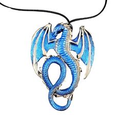 Blue medieval dragon necklace with gold highlights Fantasy Dragon Design Necklace, Adjustable Dragon Design Necklace As A Gift, Adjustable Dragon Design Necklace For Gift, Adjustable Fantasy Necklaces For Fantasy Events, Unique Adjustable Dragon Design Jewelry, Adjustable Fantasy Necklace For Fantasy Events, Adjustable Unique Jewelry With Dragon Design, Manga Jewelry, Winged Dragon