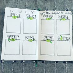 an open notebook with the words july written on it and two green cartoon characters in each page