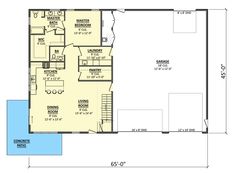 the floor plan for a two story house with an attached garage and living room area