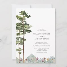 a wedding card with watercolor flowers and trees