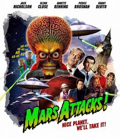 the movie poster for mars attacks, which features an image of a human head and many other people