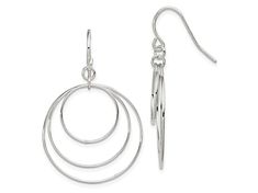 Sterling silver fancy triple circle dangle earrings with polished finish and french wire closures. Measures approximately 1 11/16"L x 1 1/8"W. Silver Round Chandelier Earrings, Silver Adjustable Chandelier Earrings, Adjustable Silver Chandelier Earrings, Silver Jewelry With French Hook And Round Shape, Silver Round Jewelry With French Hook, French Wire, Dangle Earrings, Sterling Silver, Silver