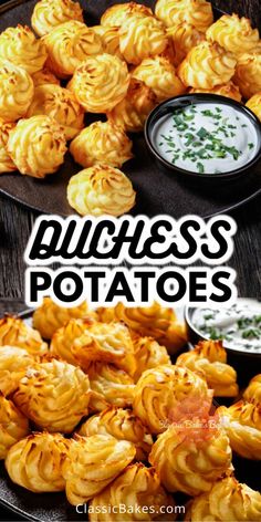 there are many different types of food on the table with text overlay that reads, duches potatoes