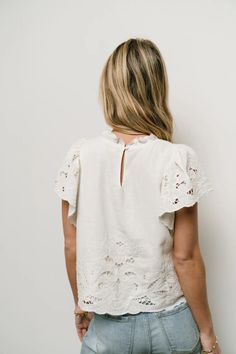 Myra Embroidered Blouse in Ivory | böhme Spring Flutter Sleeve Blouse With Lace Top, Spring Tops With Lace Trim And Butterfly Sleeves, Casual Flutter Sleeve Tops With Lace Trim, Spring Blouse With Lace Top And Flutter Sleeves, Lace Trim Short Sleeve Blouse For Brunch, V-neck Broderie Anglaise Top, Casual Lace Top Blouse With Ruffle Sleeves, Cotton Flutter Sleeve Top For Brunch, Feminine Tops With Lace Trim And Flutter Sleeves