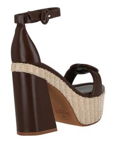 Heel height: 4.5"; Platform height: 1.6875" | Ankle buckle closure | Signature vamp strap detail | Almond toe | Ankle length, smooth finish | Specialist clean only | Upper: 50% Raffia, 50% Leather; Lower: 100% Leather | Imported Evening Synthetic Wedge Sandals With Buckle Closure, Formal High Heel Wedge Sandals With Buckle, Formal High Heel Wedge Sandals With Buckle Closure, Brown Sandals With Block Heel And Tang Buckle, High Heel Sandals With Buckle Closure For Vacation, Elegant Ankle Strap Wedge Sandals With Buckle Closure, Chic Wedge Sandals With Buckle Closure And Round Toe, Chic Synthetic Wedge Sandals With Buckle Closure, High Heel Sandals With Buckle Closure In Synthetic