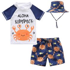 PRICES MAY VARY. FUNCTIONAL FABRIC: 85% Polyamide and 15% Elastane,high quality assured rash gurad swimsuits for boys. DURABLE AND FLEXABLE: Highly chlorine and salt resistant fabric,low water retention and extremely quick drying.Four-way stretch and shape memory. STYLISH SWIMSUITS FOR BOYS: Baby boys two piece short sleeve Crab Summer swim t-shirt,elastic stripe swim shorts+sun protective swim hat. EXCELLENT SUN PROTECTION: Boys Sun protective swimsuit fabrics are rated UPF 50+ and provide maxi Toddler Swimsuits, Rash Guard Swimwear, Aloha Summer, Swimsuit Fabric, Long Sleeve Rashguard, Water Retention, Swimwear Sets, Summer Swim, Hat Set