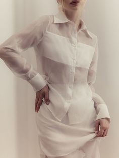 LICHI - Online fashion store Spring Long Sleeve Blouse With Set-in Sleeves, Elegant Long Sleeve Blouse With Set-in Sleeves, Fitted Sheer Shirt For Workwear, Fitted Sheer Shirt For Work, Sheer Button-up Blouse For Work, Chic Sheer Fitted Shirt, White Button-up Blouse With Blouson Sleeves, Sheer Long Sleeve Shirt For Work, White Blouson Sleeve Button-up Blouse