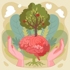 two hands holding a tree and a brain