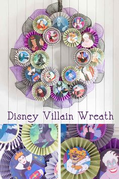 a wreath made out of paper plates with the words disney villain wreath on it and pictures of