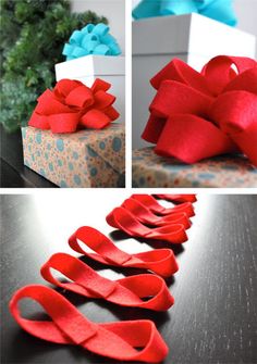 four different pictures of presents wrapped in red and blue ribbon