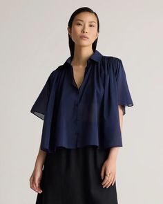 Cotton-Silk Voile Short Sleeve Blouse Elegant Sheer Solid Color Top, Elegant Solid Color Sheer Top, Sheer Silk Tops For Daywear, Silk Blouse For Summer Layering, Elegant Airy Blouse For Summer, Sheer Summer Office Blouse, Silk Chiffon Tops For Spring Workwear, Long Sleeve Silk Chiffon Tops For Summer, Long Sleeve Silk Chiffon Summer Top