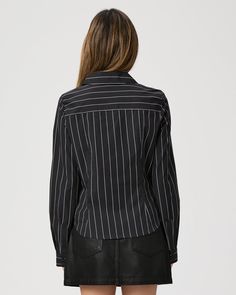 Made from supremely soft 100% cotton, this classic black and off-white striped long sleeve shirt is designed with a hook-and-eye closure and a flattering, fitted silhouette with a front notch. | Rosaly Shirt - Black/Buttercream | Size 14 Pinstripe Long Sleeve Office Tops, Collared Pinstripe Top For Workwear, Classic Long Sleeve Tops With Vertical Stripes, Fall Pinstripe Long Sleeve Tops, Long Sleeve Tops With Striped Collar For Workwear, Pinstripe Blouse With Striped Collar And Long Sleeves, Chic Pinstripe Tops For Work, Classic Long Sleeve Pinstripe Tops, Classic Fitted Pinstripe Tops