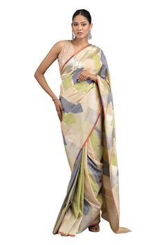 Multicolor, blue saree with zari woven motifs in mughal pattern. Comes with unstitched blouse piece. - Aza Fashions Fitted Multicolor Pre-draped Saree For Eid, Festive Fusion Silk Blouse Piece, Fitted Multicolor Raw Silk Saree, Multicolor Fitted Pre-draped Saree For Eid, Fitted Multicolor Pre-draped Saree With Zari Weaving, Fitted Fusion Saree For Diwali, Fitted Silk Blouse In Pista Green, Mughal Pattern, Sarees Banarasi