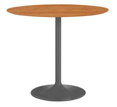 a round wooden table with metal base on an isolated white background for use in any room