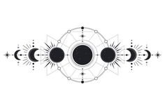 three phases of the moon in black and white with stars around them, on a white background