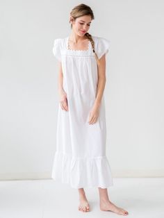 Genevieve Ladies White Cotton Nightgown - Jacaranda Living White Spring Sleepwear For Home, White Lace Trim Sleepwear For Home, White Sleepwear For Spring, White Cotton Nightgown For Lounging, White Nightgown For Spring Bedtime, White Relaxed Fit Nightgown For Sleep, White Lace Trim Nightgown For Home, Feminine White Lounging Sleepwear, White Cotton Nightgown Relaxed Fit