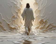 a man in white robes walking through water with waves on the ground and light coming from behind him